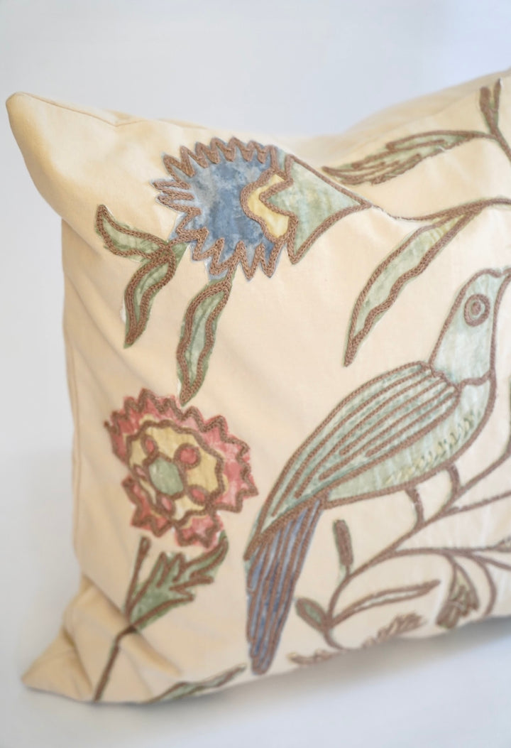 EMBROIDERED BIRD PILLOW