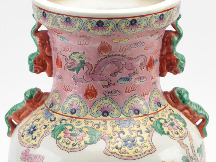 LARGE CHINESE HAND PAINTED FAMILLE ROSE DRAGON VASE