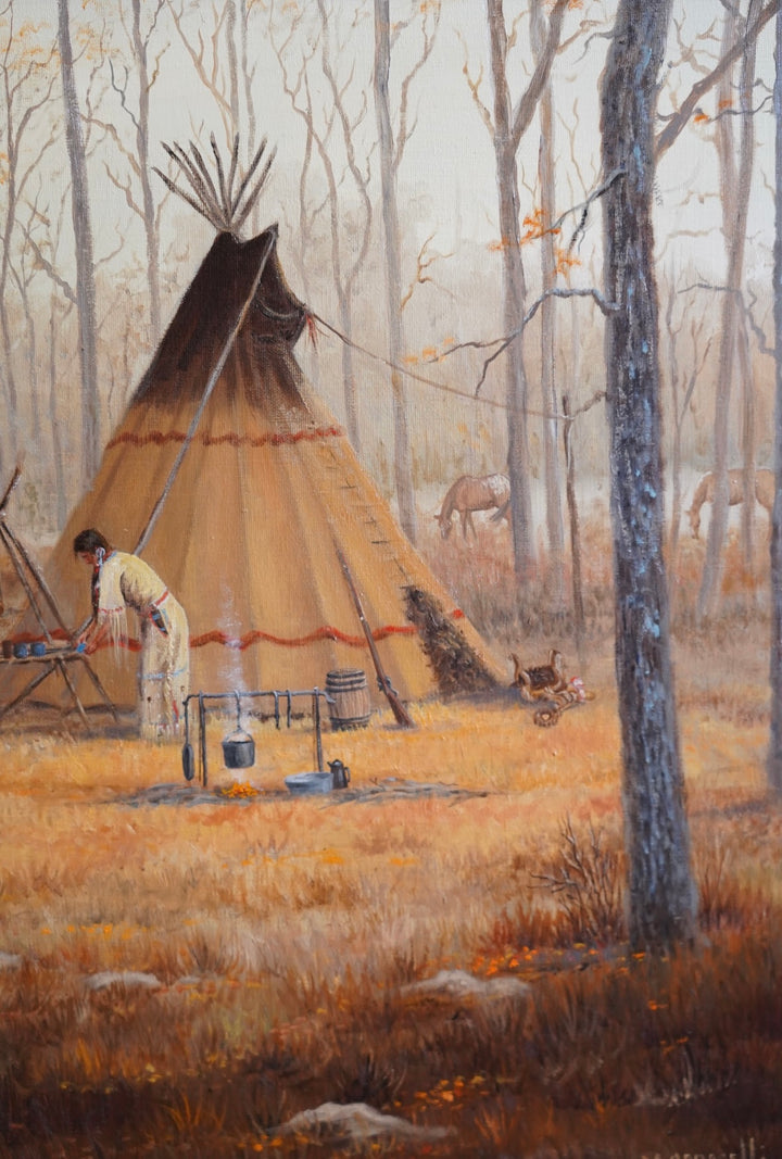 OIL PAINTING MARIANNE CAROSELLI, SIGNED, “WILDERNESS CAMP”