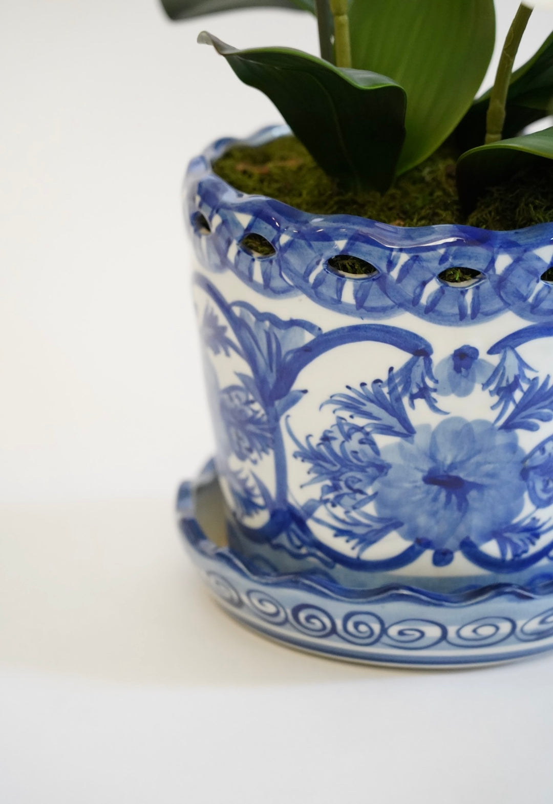 BLUE & WHITE PORCELAIN PLANTER W/ FAUX ORCHID