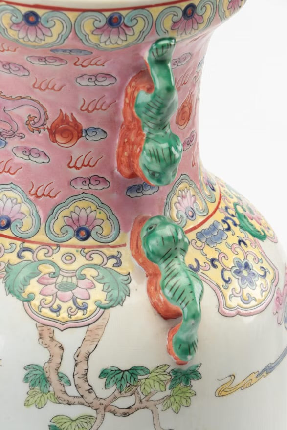 LARGE CHINESE HAND PAINTED FAMILLE ROSE DRAGON VASE