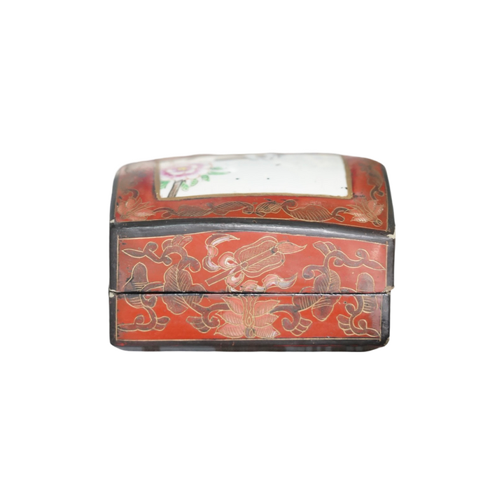 CHINESE LACQUERED TRINKET BOX W/ PORCELAIN INLAY