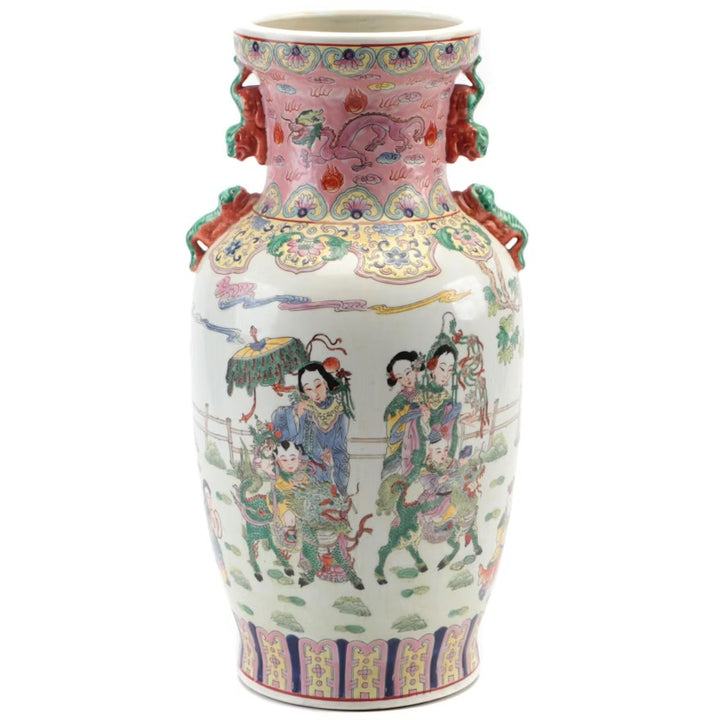 LARGE CHINESE HAND PAINTED FAMILLE ROSE DRAGON VASE