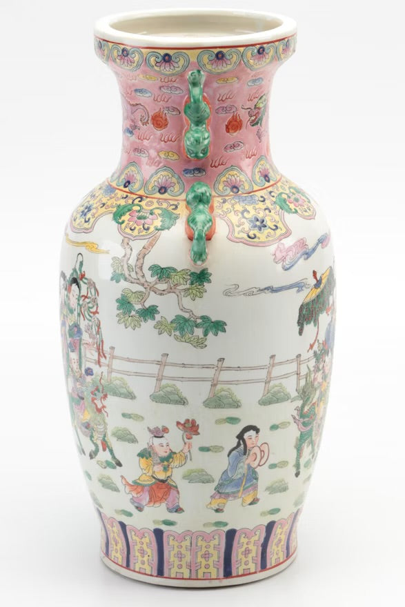 LARGE CHINESE HAND PAINTED FAMILLE ROSE DRAGON VASE