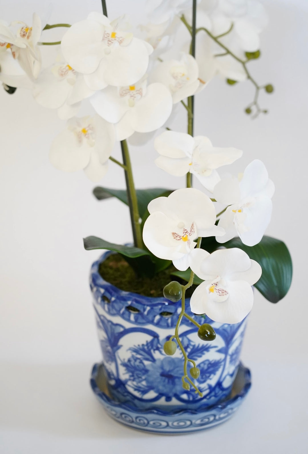 BLUE & WHITE PORCELAIN PLANTER W/ FAUX ORCHID