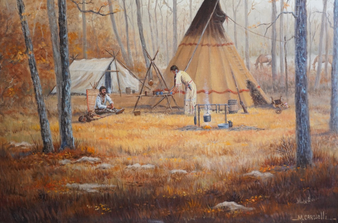 OIL PAINTING MARIANNE CAROSELLI, SIGNED, “WILDERNESS CAMP”
