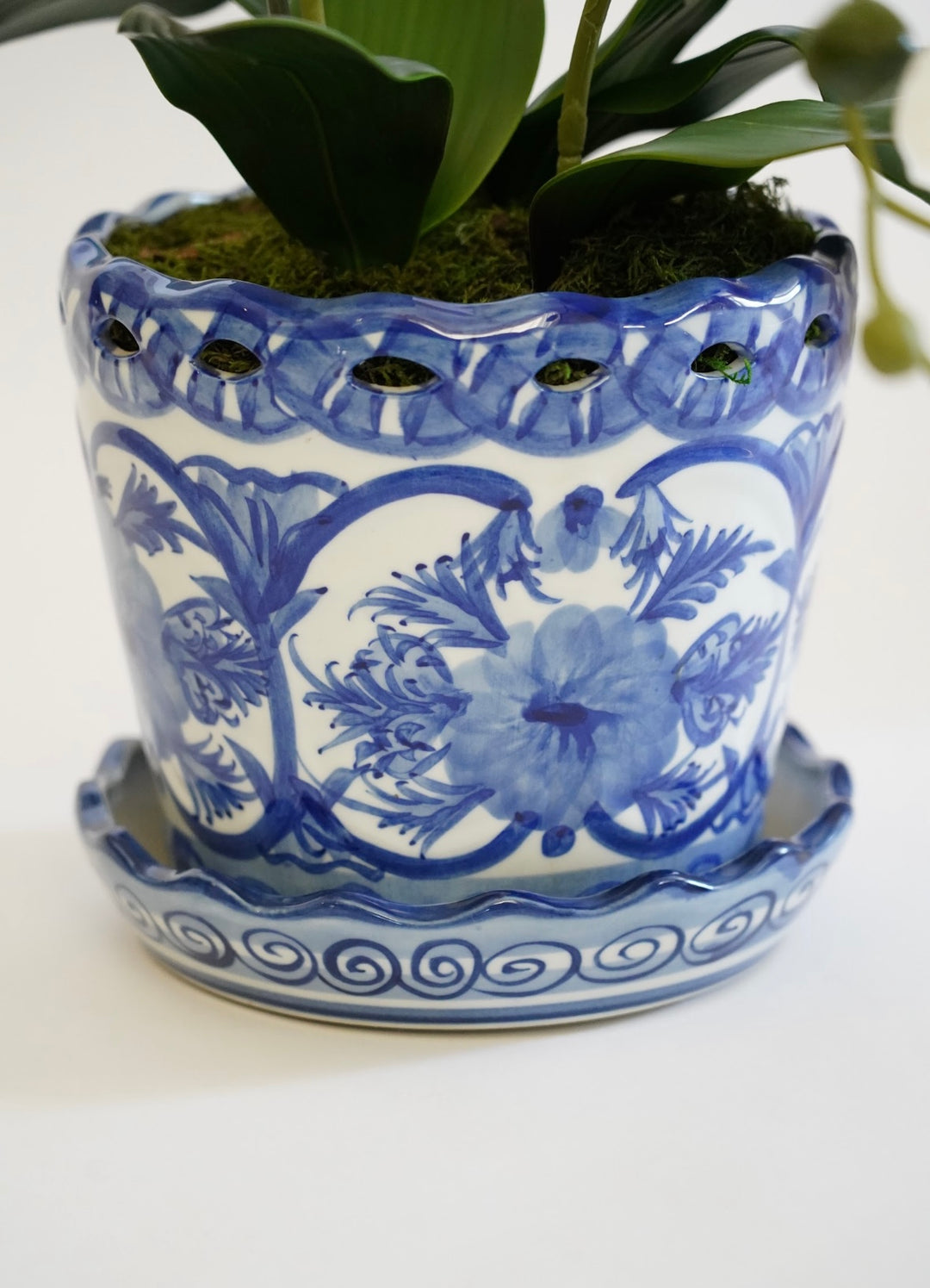 BLUE & WHITE PORCELAIN PLANTER W/ FAUX ORCHID