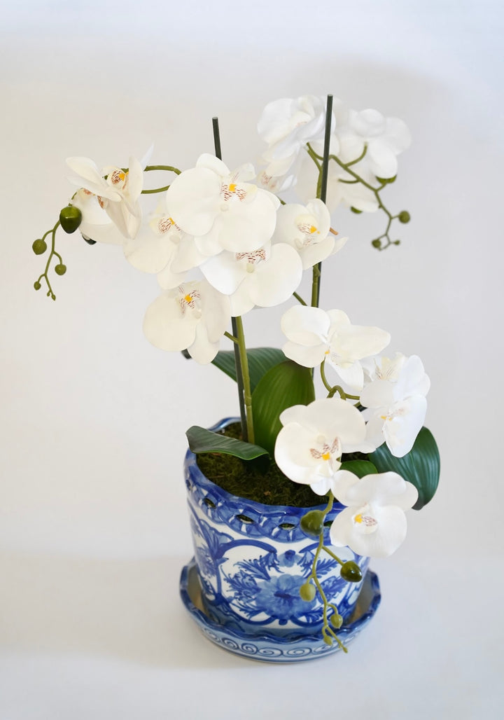 BLUE & WHITE PORCELAIN PLANTER W/ FAUX ORCHID