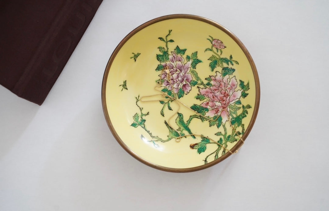 BRASS & PORCELAIN YELLOW 
TRINKET BOWL
