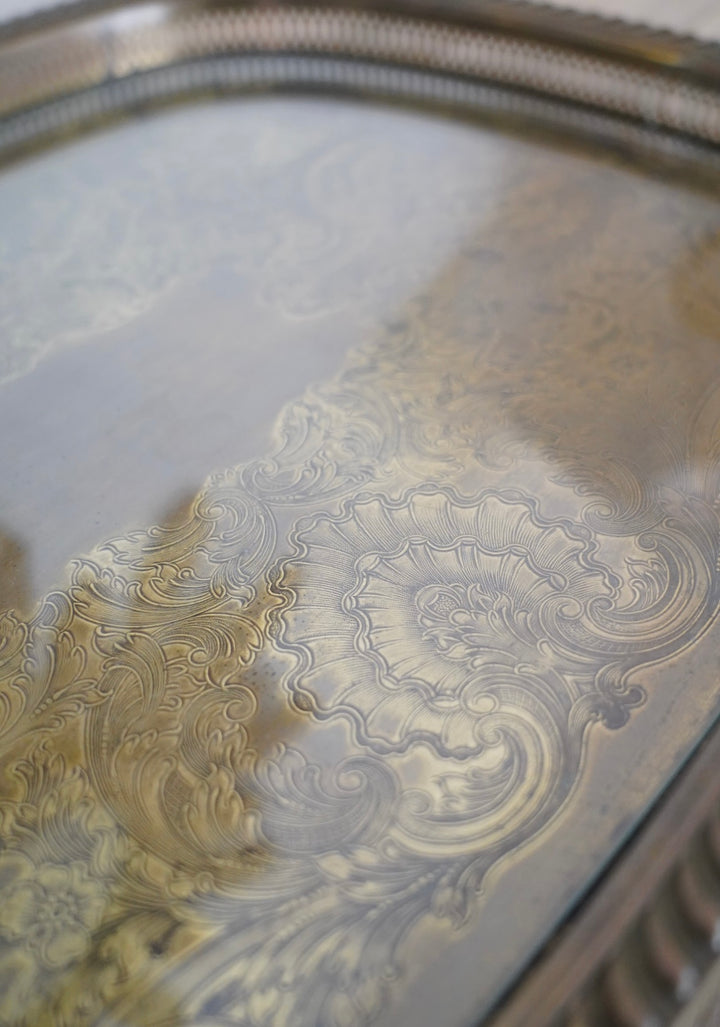 HOLLYWOOD REGENCY BRASS GLASS TRAY