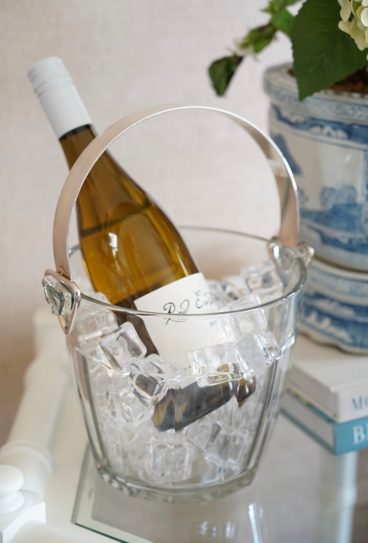 VINTAGE SILVER HANDLE GLASS ICE BUCKET