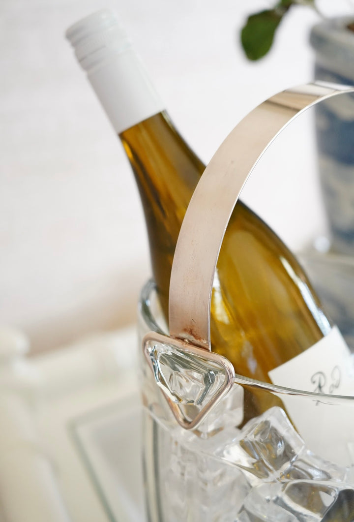 VINTAGE SILVER HANDLE GLASS ICE BUCKET