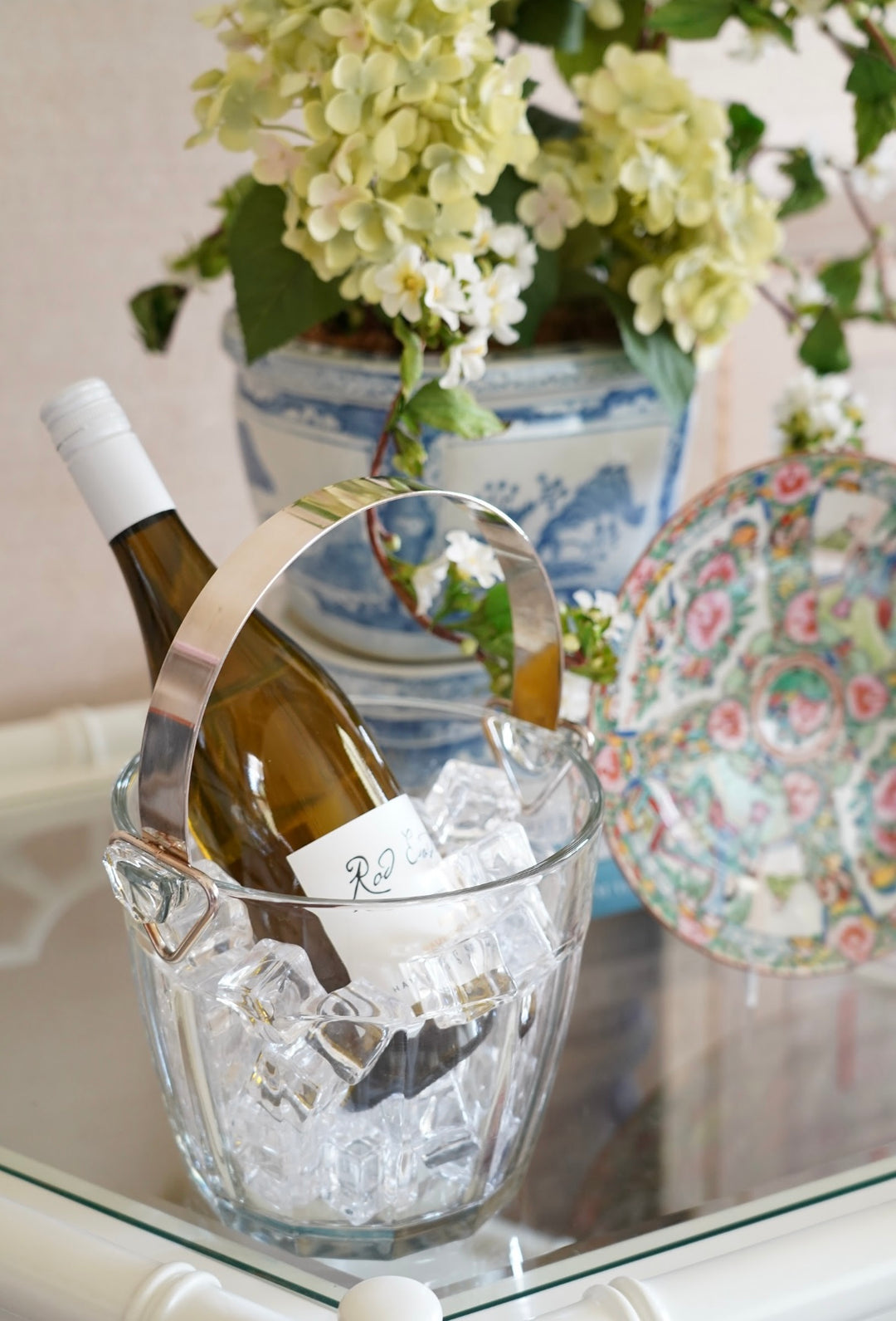 VINTAGE SILVER HANDLE GLASS ICE BUCKET