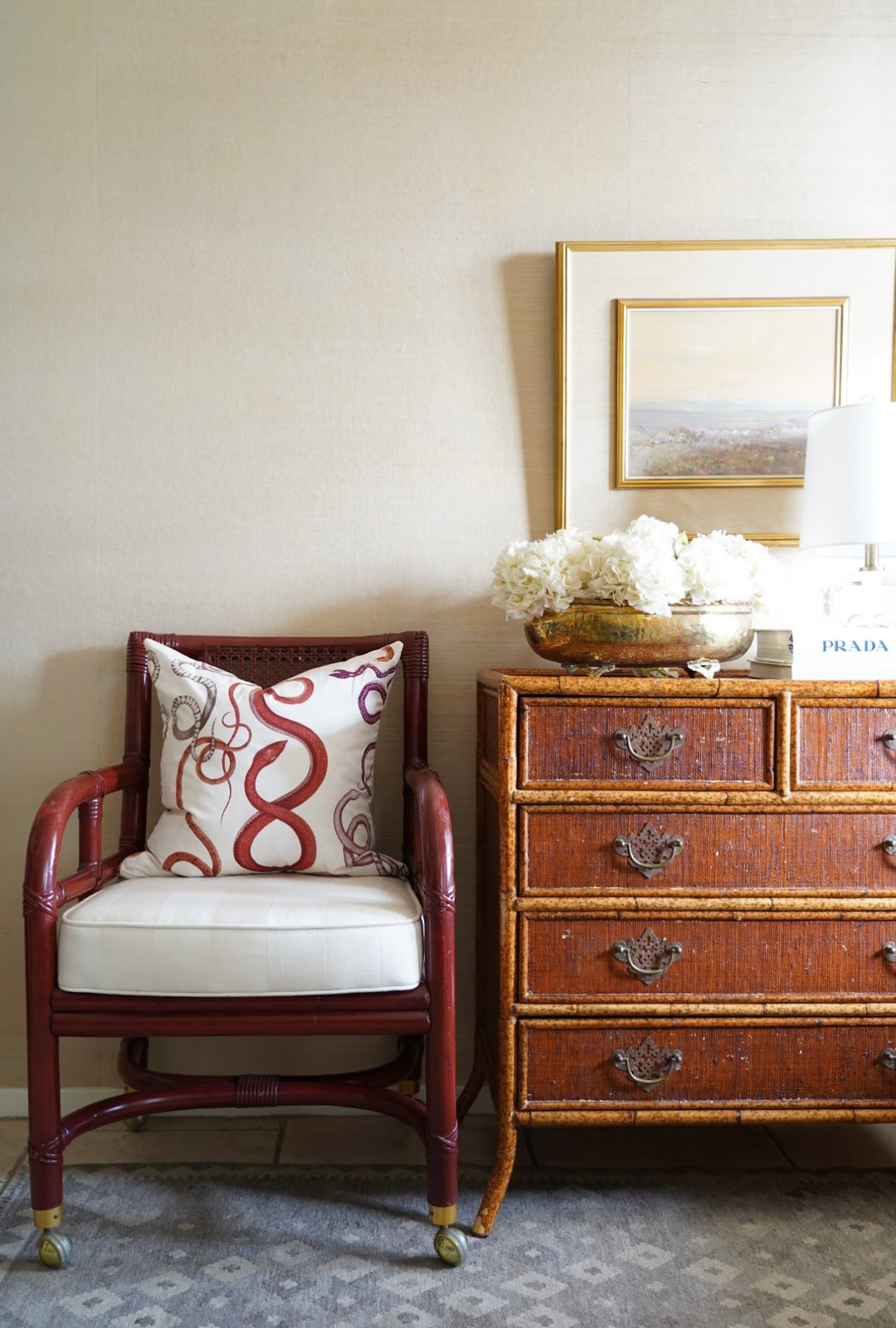 BRITISH COLONIAL FAUX BAMBOO & RATTAN CHEST OF DRAWERS