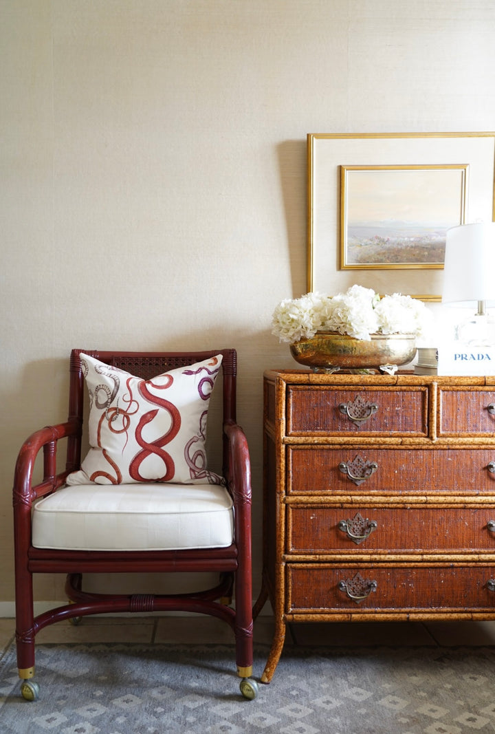 BRITISH COLONIAL FAUX BAMBOO & RATTAN CHEST OF DRAWERS