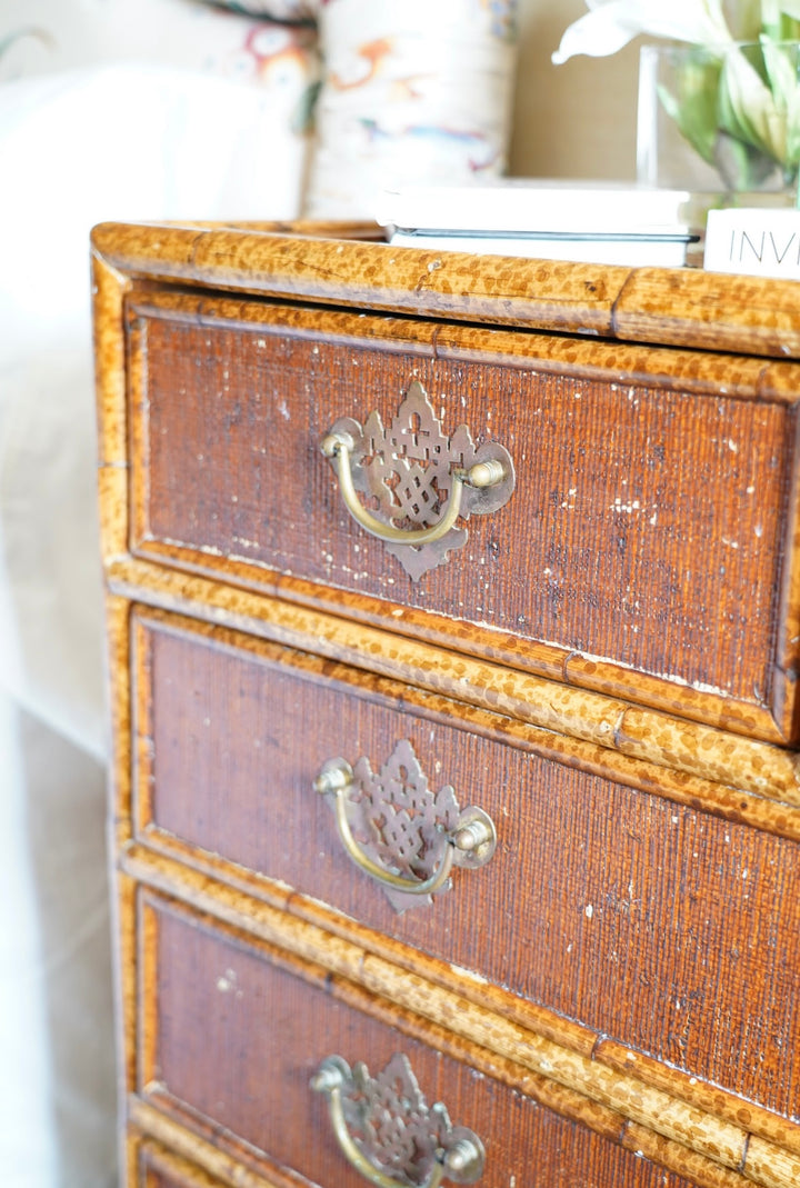 BRITISH COLONIAL FAUX BAMBOO & RATTAN CHEST OF DRAWERS
