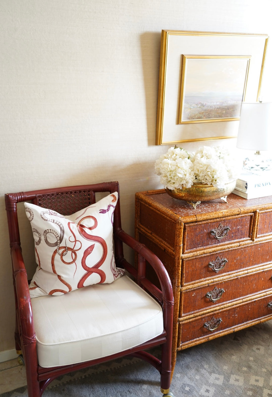 BAMBOO & CANE BACK UPHOLSTERED ARMCHAIR