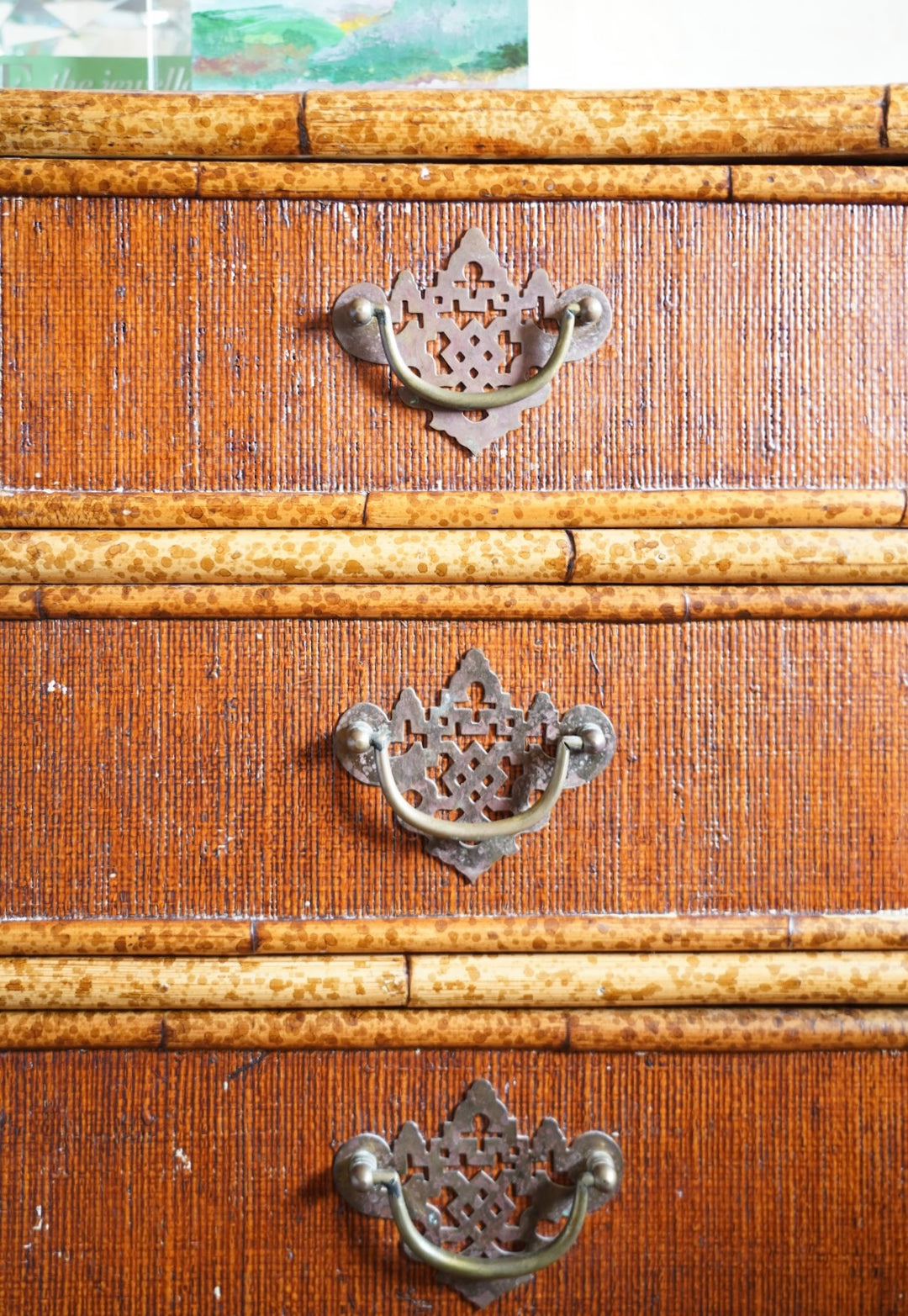 BRITISH COLONIAL FAUX BAMBOO & RATTAN CHEST OF DRAWERS