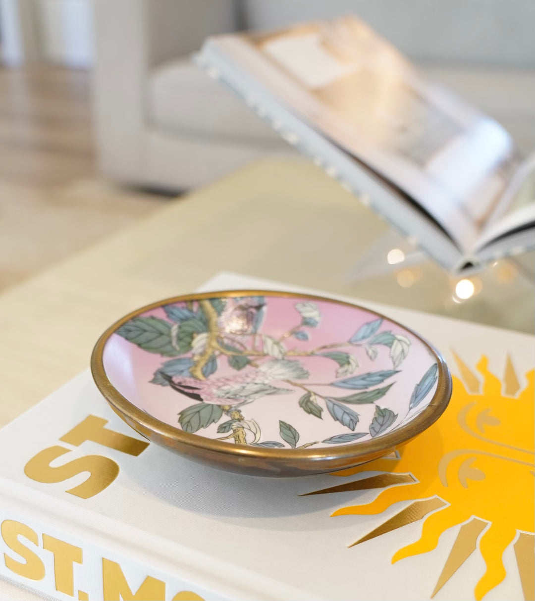 BRASS & PORCELAIN PINK TRINKET BOWL