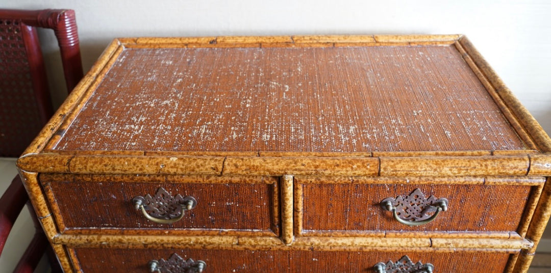 BRITISH COLONIAL FAUX BAMBOO & RATTAN CHEST OF DRAWERS