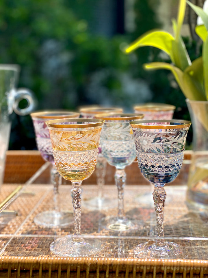 SAPPHIRE COLORED CRYSTAL CUT WINE GLASSES