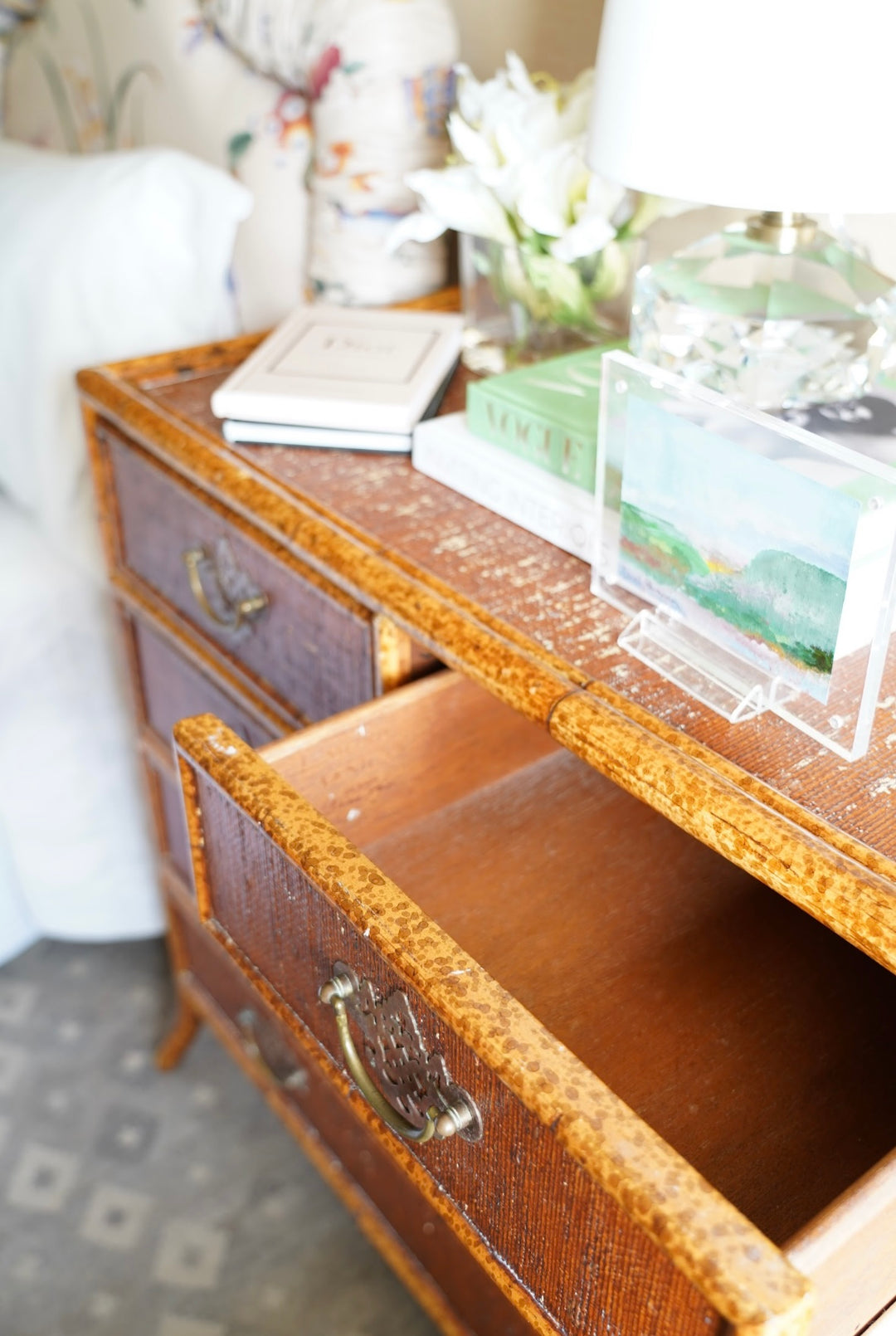BRITISH COLONIAL FAUX BAMBOO & RATTAN CHEST OF DRAWERS