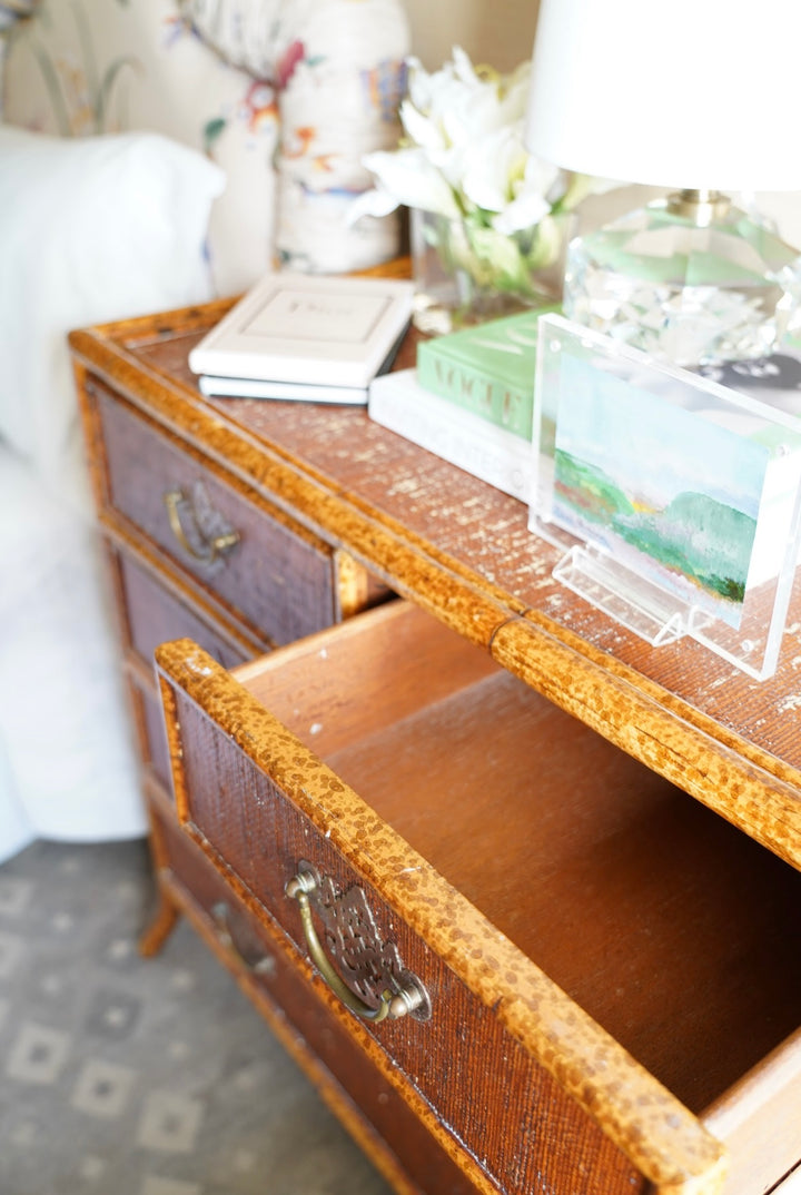 BRITISH COLONIAL FAUX BAMBOO & RATTAN CHEST OF DRAWERS