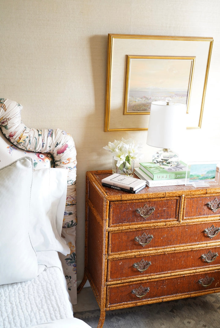 BRITISH COLONIAL FAUX BAMBOO & RATTAN CHEST OF DRAWERS