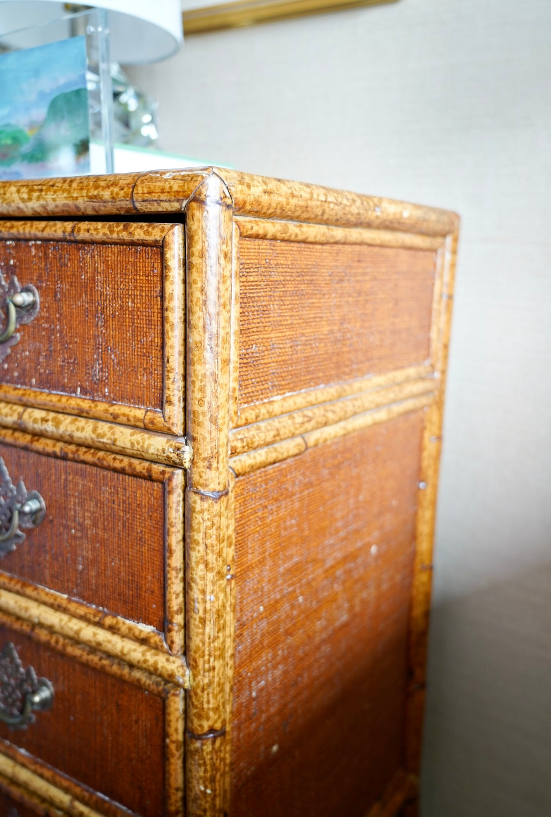 BRITISH COLONIAL FAUX BAMBOO & RATTAN CHEST OF DRAWERS