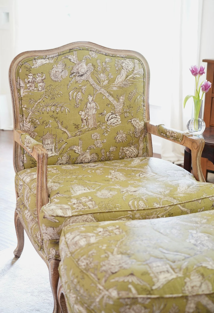 FRENCH LOUIS XV STYLE ARMCHAIR WITH OTTOMAN