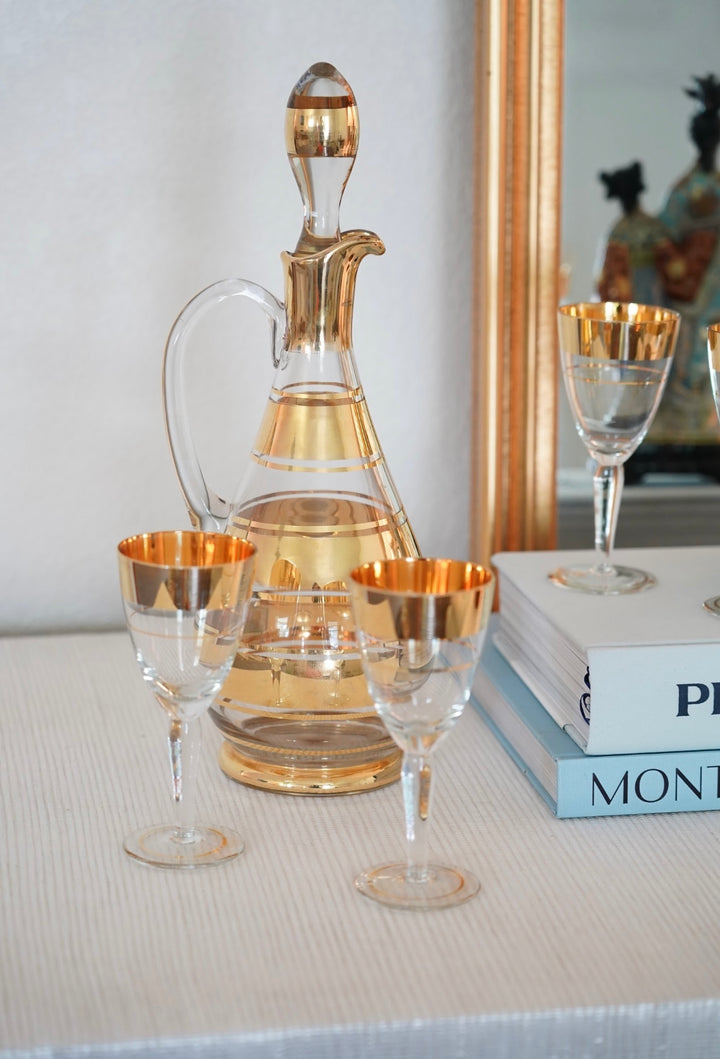 VINTAGE MID-CENTURY CRYSTAL DECANTER AND WINE GLASSES