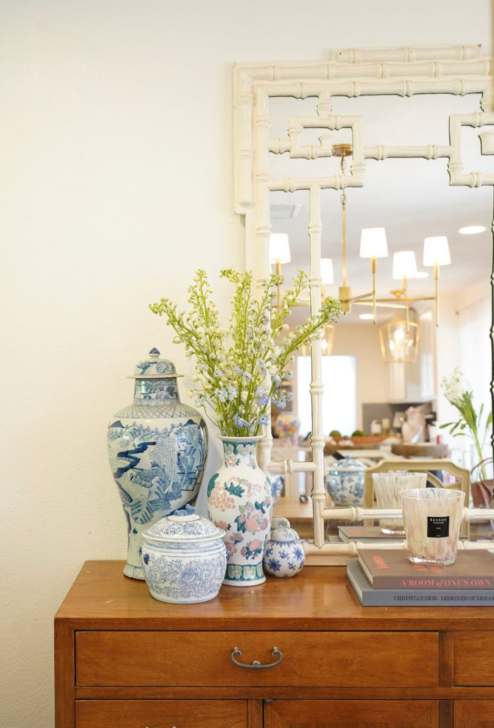 TALL CHINOISERIE VASE, BLUE, PINK AND GREEN CERAMIC VASE