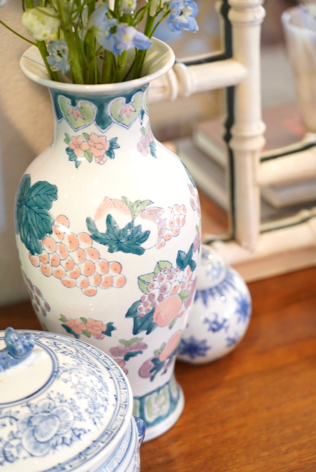 TALL CHINOISERIE VASE, BLUE, PINK AND GREEN CERAMIC VASE