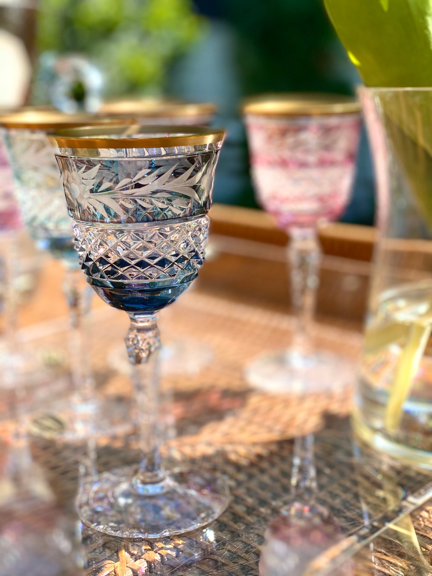 SAPPHIRE COLORED CRYSTAL CUT WINE GLASSES