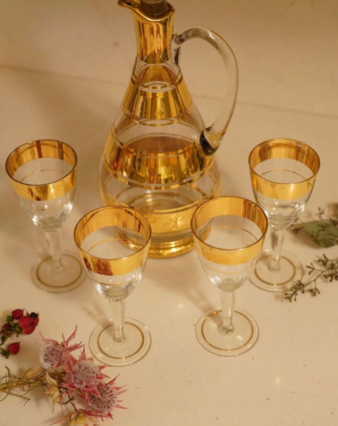 VINTAGE MID-CENTURY CRYSTAL DECANTER AND WINE GLASSES