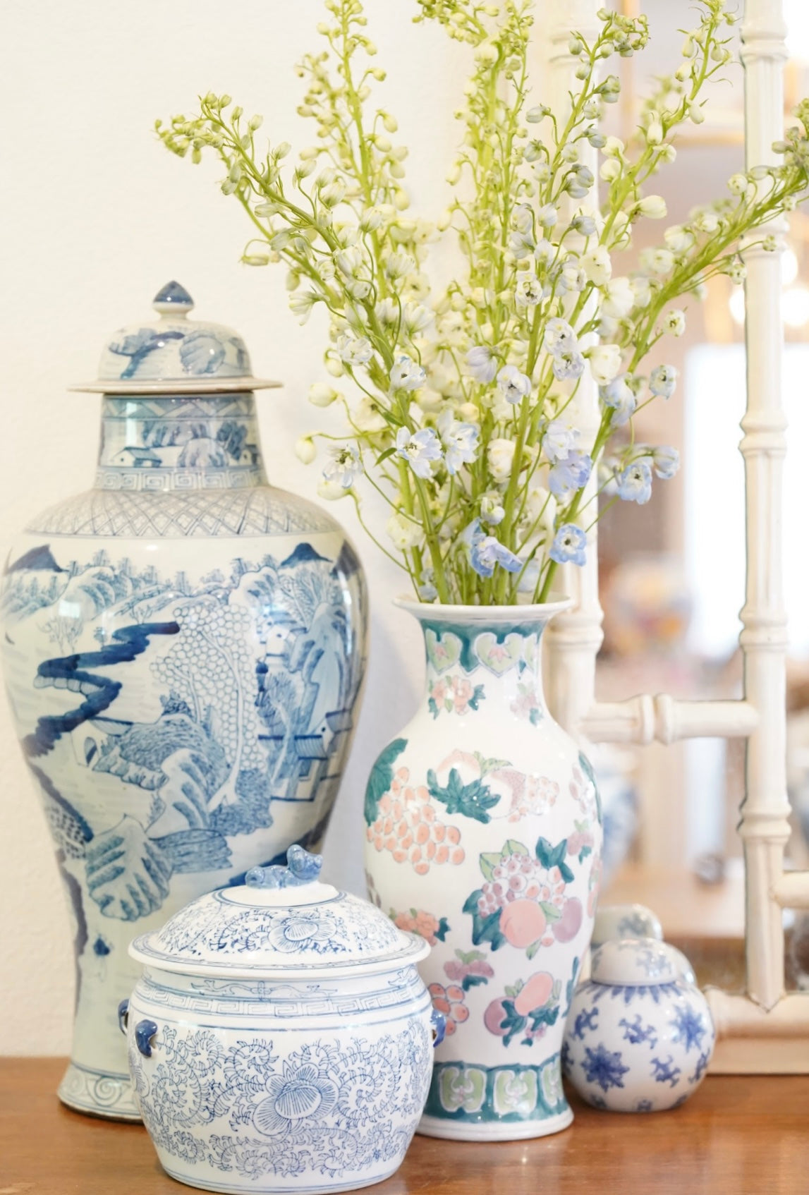 TALL CHINOISERIE VASE, BLUE, PINK AND GREEN CERAMIC VASE
