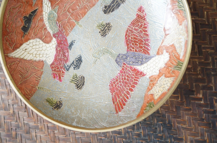 DECORATIVE BRASS DUCK CLOISONNE DISH