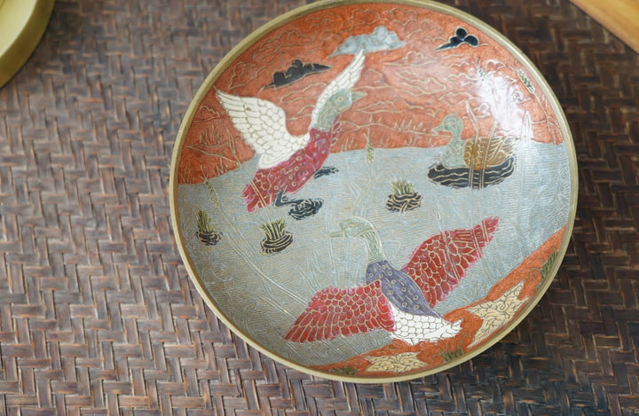 DECORATIVE BRASS DUCK CLOISONNE DISH