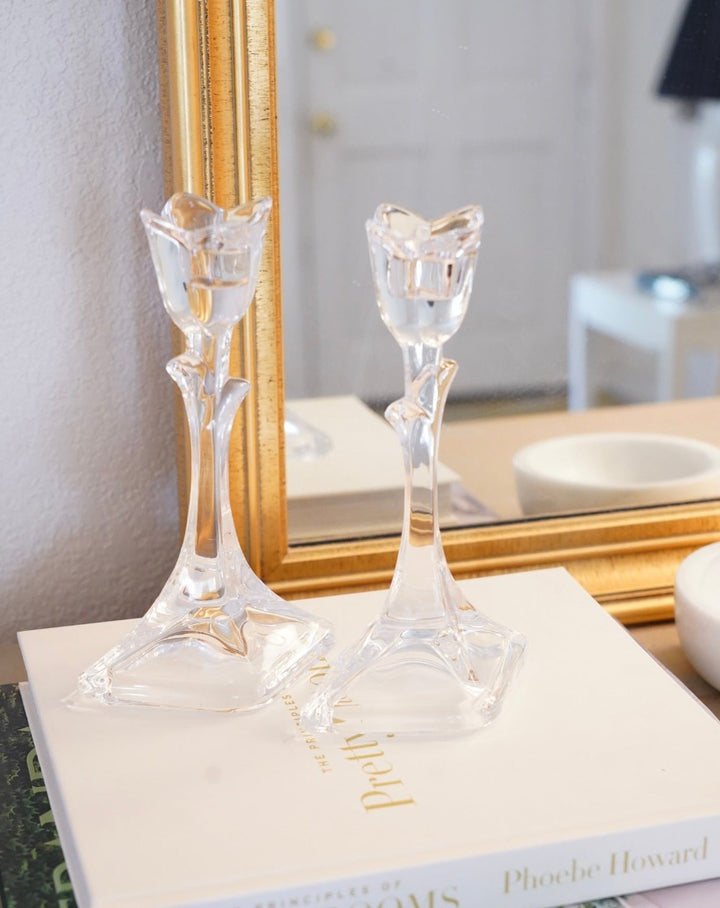 VINTAGE CLEAR CRYSTAL TULIP CANDLESTICKS