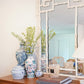 TALL CHINOISERIE VASE, BLUE, PINK AND GREEN CERAMIC VASE