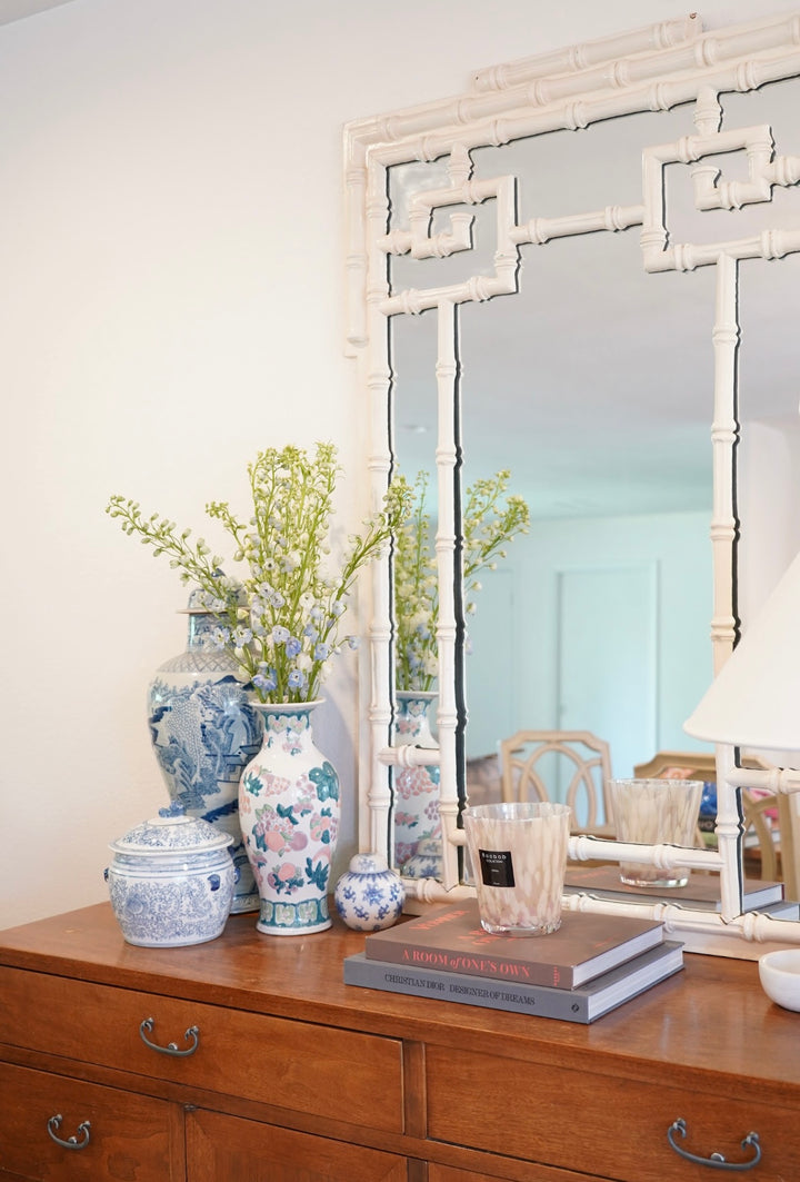 TALL CHINOISERIE VASE, BLUE, PINK AND GREEN CERAMIC VASE