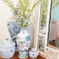 TALL CHINOISERIE VASE, BLUE, PINK AND GREEN CERAMIC VASE