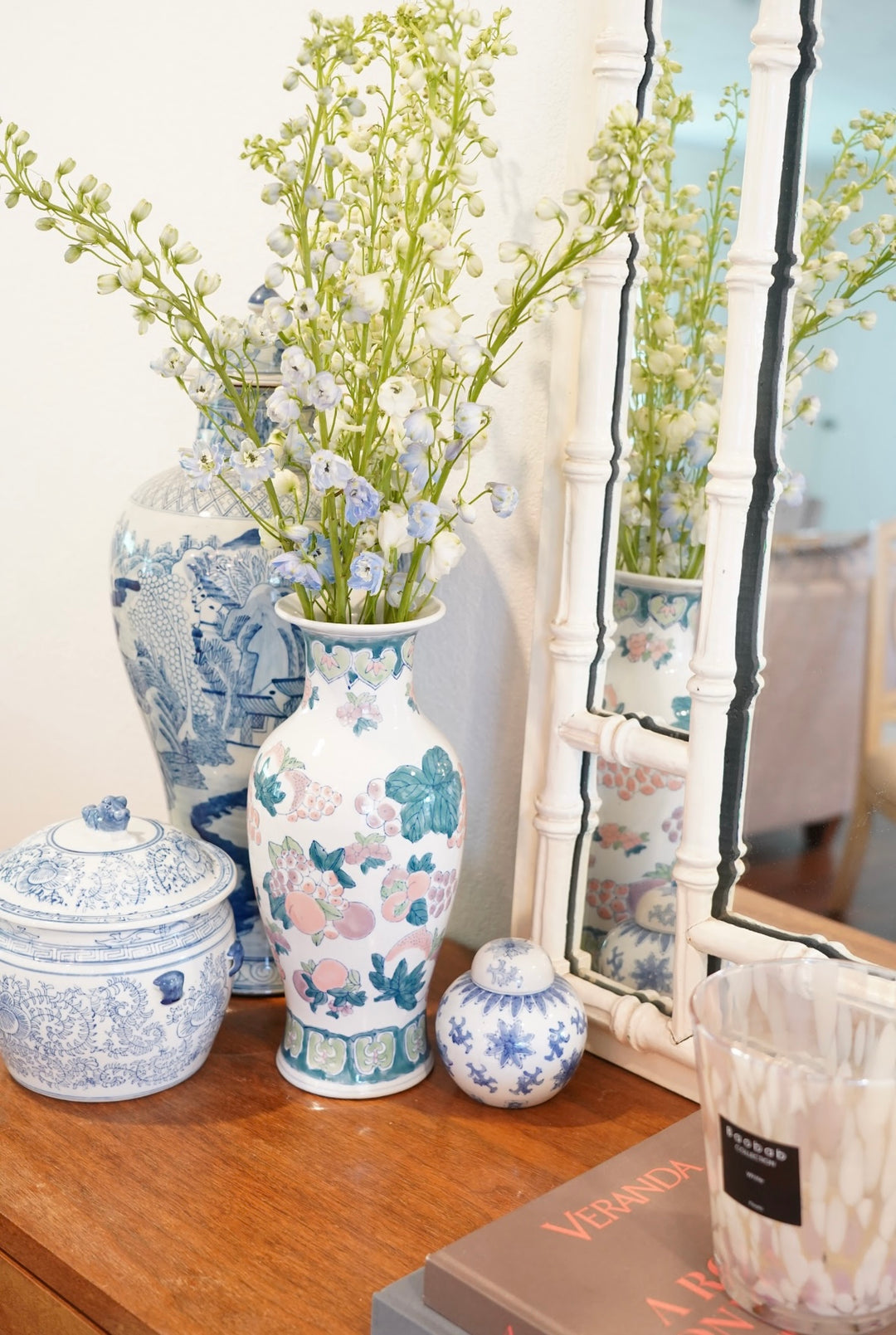 TALL CHINOISERIE VASE, BLUE, PINK AND GREEN CERAMIC VASE