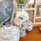 TALL CHINOISERIE VASE, BLUE, PINK AND GREEN CERAMIC VASE