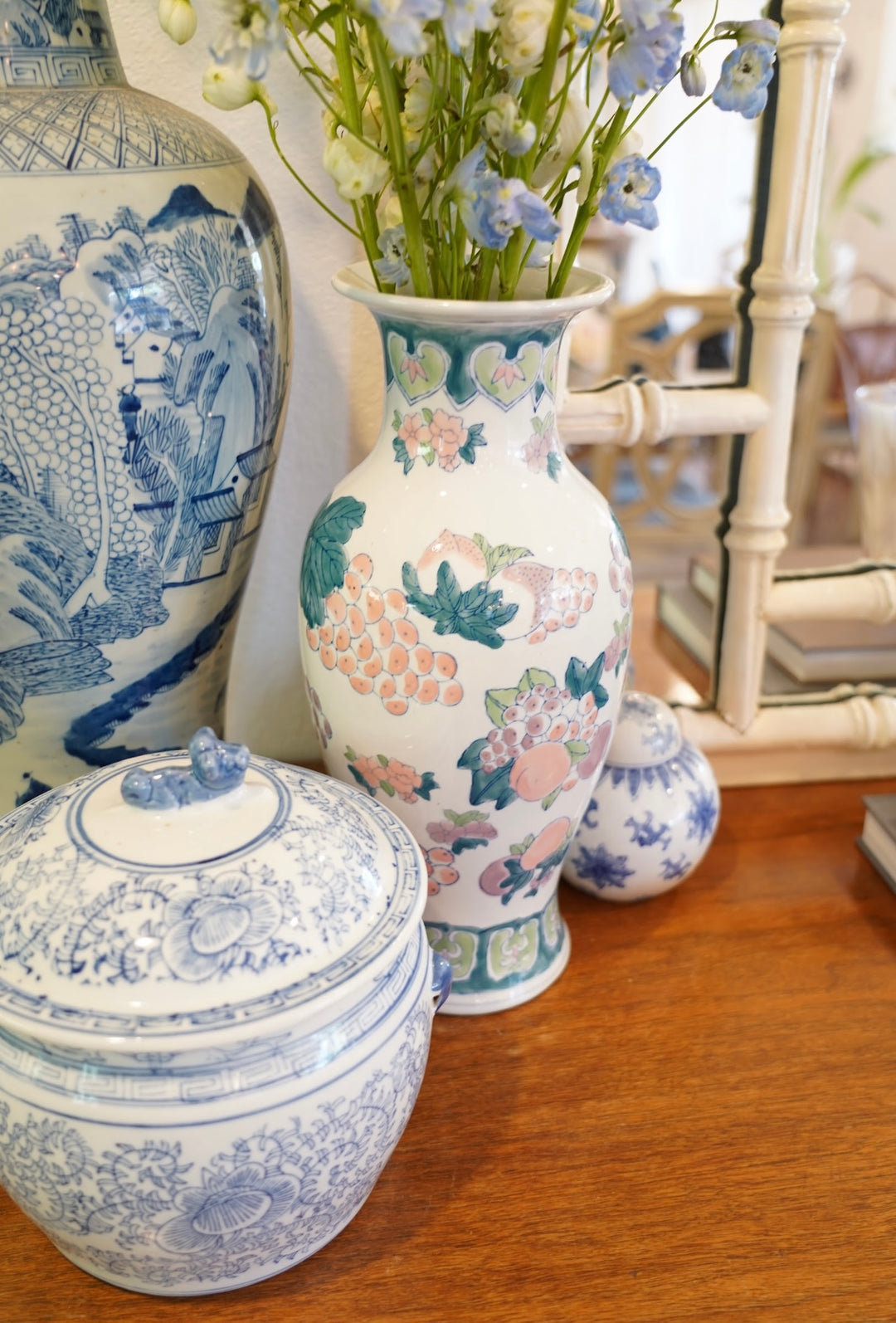 TALL CHINOISERIE VASE, BLUE, PINK AND GREEN CERAMIC VASE