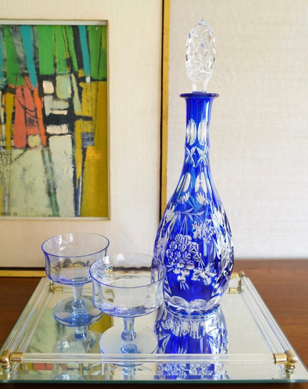 VINTAGE COBALY CRYSTAL CUT-TO-CLEAR DECANTER