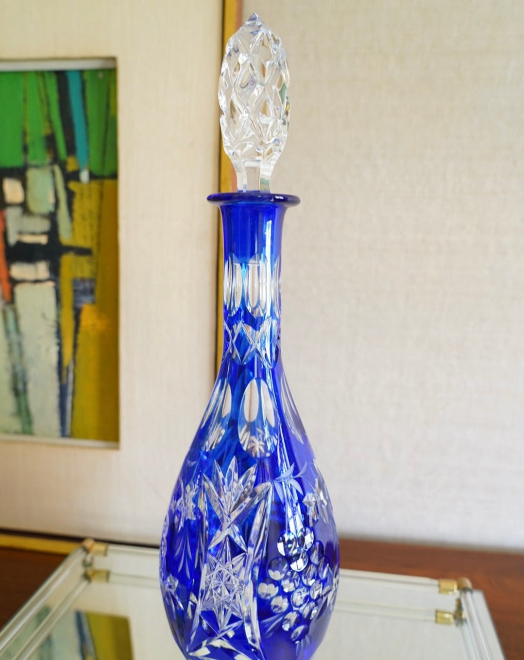 VINTAGE COBALY CRYSTAL CUT-TO-CLEAR DECANTER