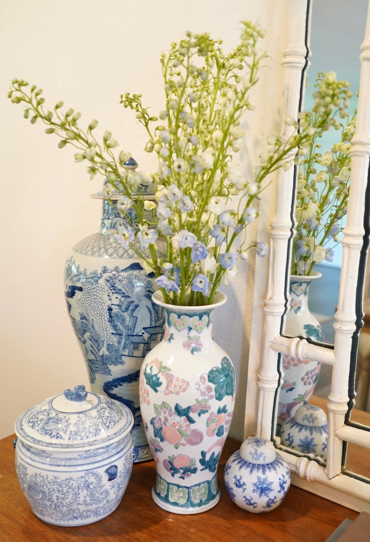 TALL CHINOISERIE VASE, BLUE, PINK AND GREEN CERAMIC VASE